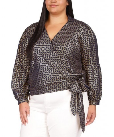 Plus Size Metallic Chain-Print Wrap Top Midnight Blue $60.00 Tops