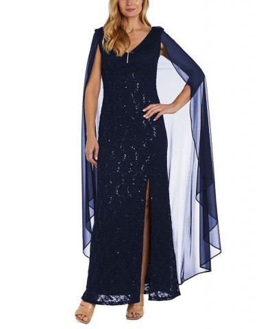 Women's V-Neck Cape-Detail Leg-Slit Gown Blue $50.75 Dresses