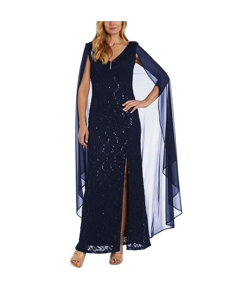 Women's V-Neck Cape-Detail Leg-Slit Gown Blue $50.75 Dresses