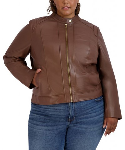 Women's Plus Size Stand-Collar Leather Moto Coat Brown $118.80 Coats