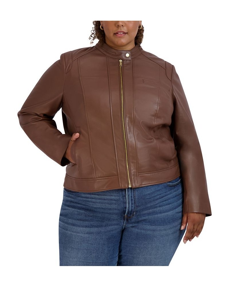 Women's Plus Size Stand-Collar Leather Moto Coat Brown $118.80 Coats