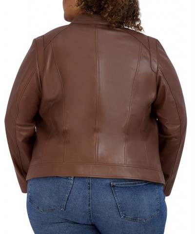 Women's Plus Size Stand-Collar Leather Moto Coat Brown $118.80 Coats