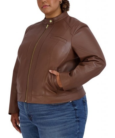 Women's Plus Size Stand-Collar Leather Moto Coat Brown $118.80 Coats