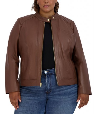 Women's Plus Size Stand-Collar Leather Moto Coat Brown $118.80 Coats