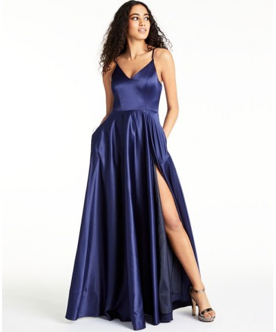 Juniors' V-Neck Satin Gown Blue $46.44 Dresses
