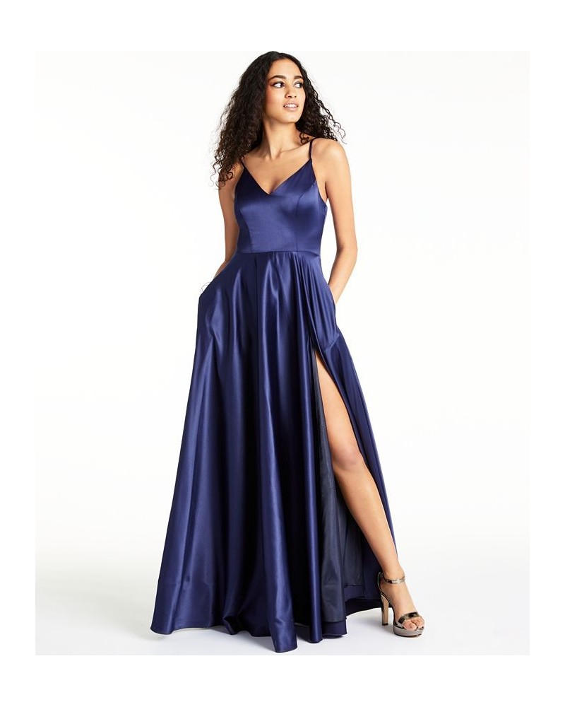 Juniors' V-Neck Satin Gown Blue $46.44 Dresses