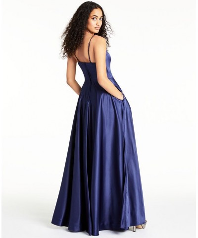 Juniors' V-Neck Satin Gown Blue $46.44 Dresses