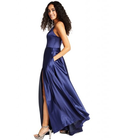 Juniors' V-Neck Satin Gown Blue $46.44 Dresses