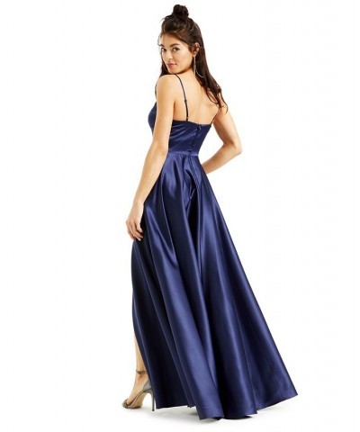 Juniors' V-Neck Satin Gown Blue $46.44 Dresses