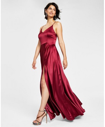 Juniors' V-Neck Satin Gown Blue $46.44 Dresses