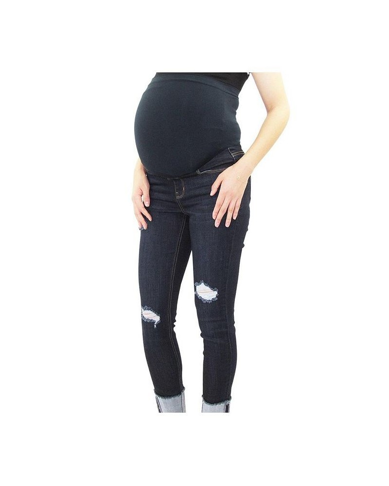 Cuffed Destrcuted Maternity Skinny Jean Dark Blue $19.94 Jeans