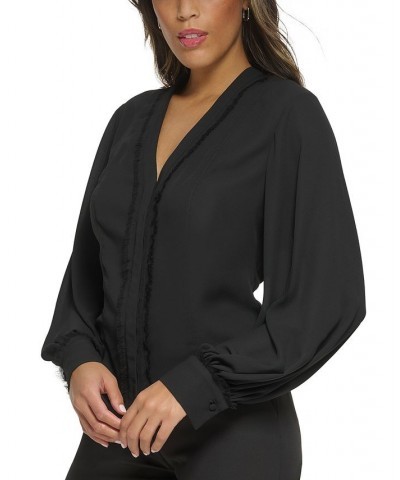 Women's Solid-Color Tonal Trim Blouse Black $112.85 Tops