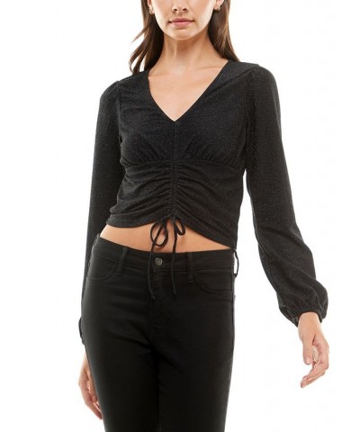 Juniors' Glittering Ruched-Front Long-Sleeve Top Black Lurex $7.88 Tops
