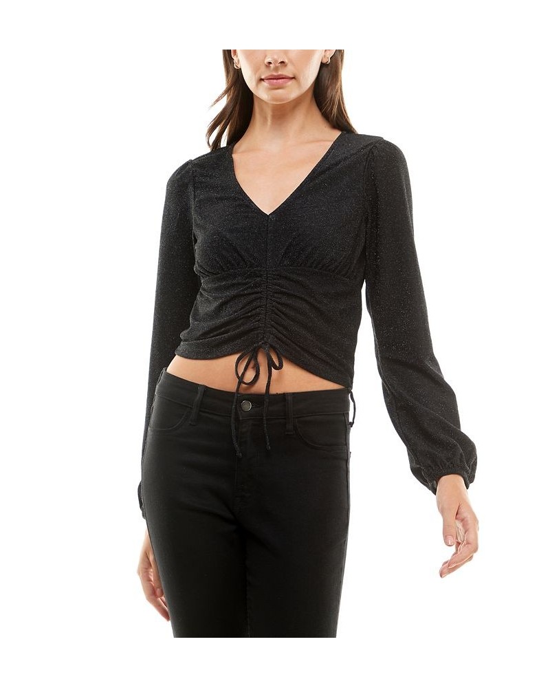 Juniors' Glittering Ruched-Front Long-Sleeve Top Black Lurex $7.88 Tops