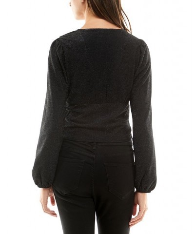 Juniors' Glittering Ruched-Front Long-Sleeve Top Black Lurex $7.88 Tops