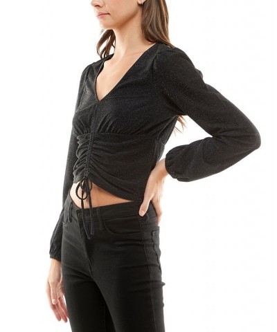 Juniors' Glittering Ruched-Front Long-Sleeve Top Black Lurex $7.88 Tops