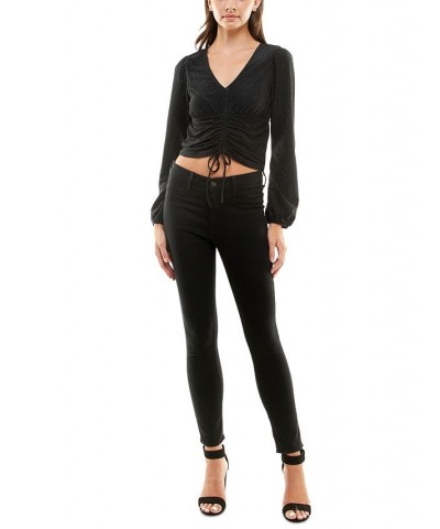 Juniors' Glittering Ruched-Front Long-Sleeve Top Black Lurex $7.88 Tops