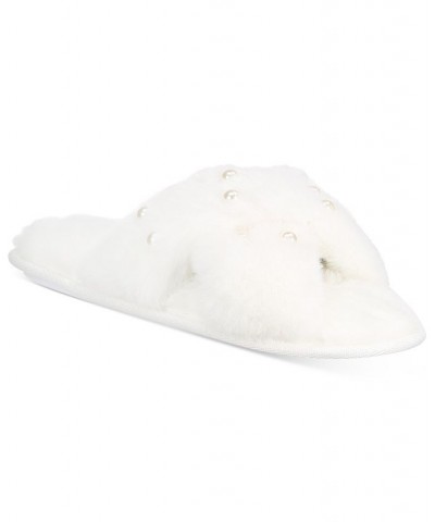Imitation Pearl Faux-Fur Cross Slide Slippers Washed White $10.81 Shoes