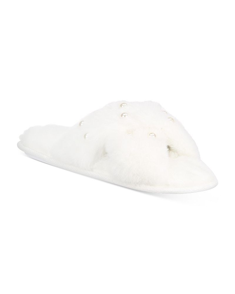 Imitation Pearl Faux-Fur Cross Slide Slippers Washed White $10.81 Shoes