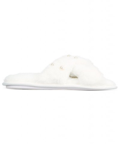 Imitation Pearl Faux-Fur Cross Slide Slippers Washed White $10.81 Shoes