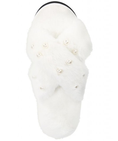 Imitation Pearl Faux-Fur Cross Slide Slippers Washed White $10.81 Shoes