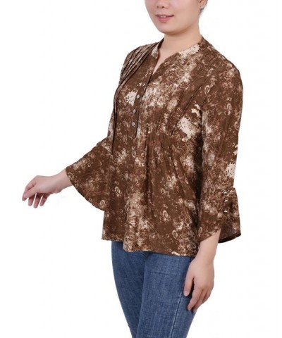 Women's 3/4 Sleeve Overlapped Bell Sleeve Y-Neck Top Taupe Geobreeze $15.18 Tops