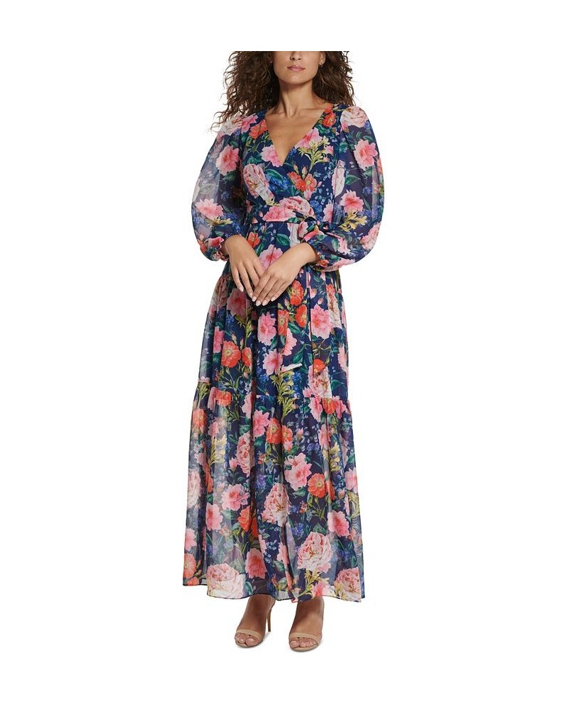 Women's Floral-Print Faux-Wrap Maxi Dress Navy Multi $69.30 Dresses