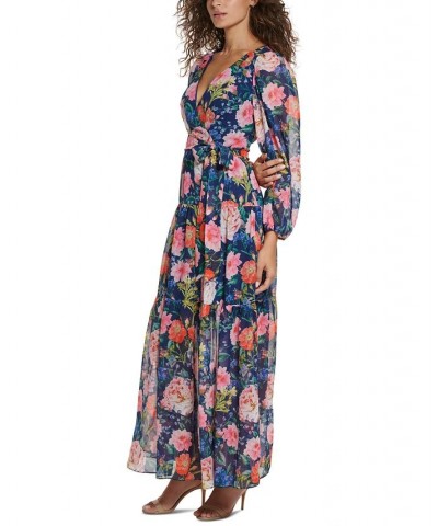 Women's Floral-Print Faux-Wrap Maxi Dress Navy Multi $69.30 Dresses