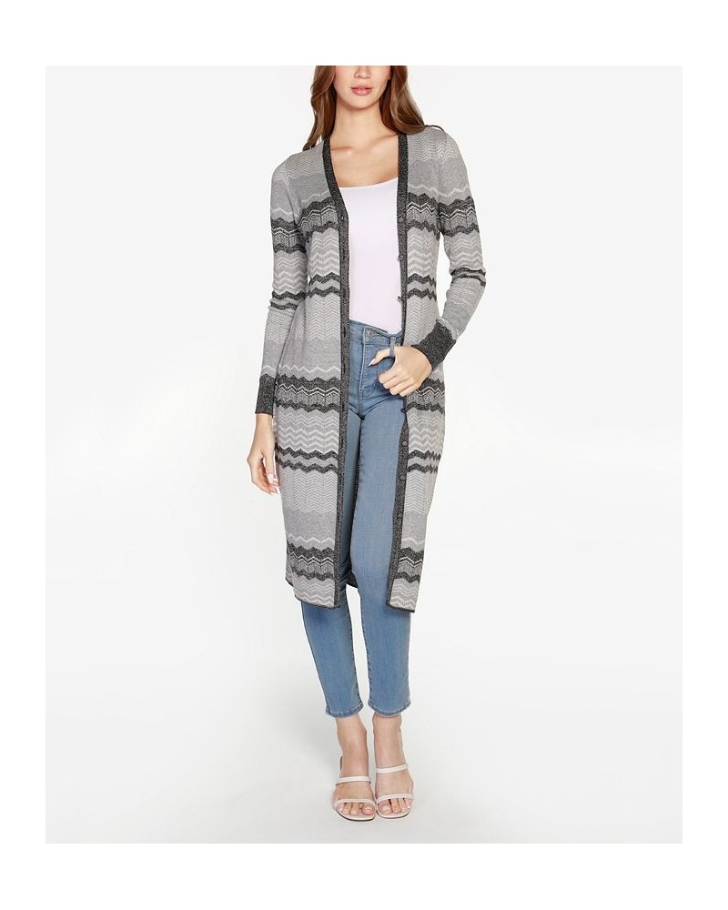 Women's Black Label Zigzag Jacquard Button-Front Duster Sweater Heather Gray Combo $27.95 Sweaters