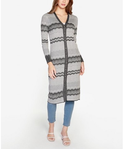 Women's Black Label Zigzag Jacquard Button-Front Duster Sweater Heather Gray Combo $27.95 Sweaters