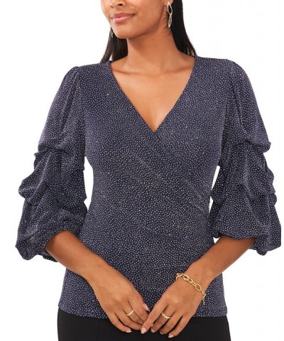Petite Glitter-Knit Tiered-Sleeve Surplice Top Navy Silver $21.12 Tops