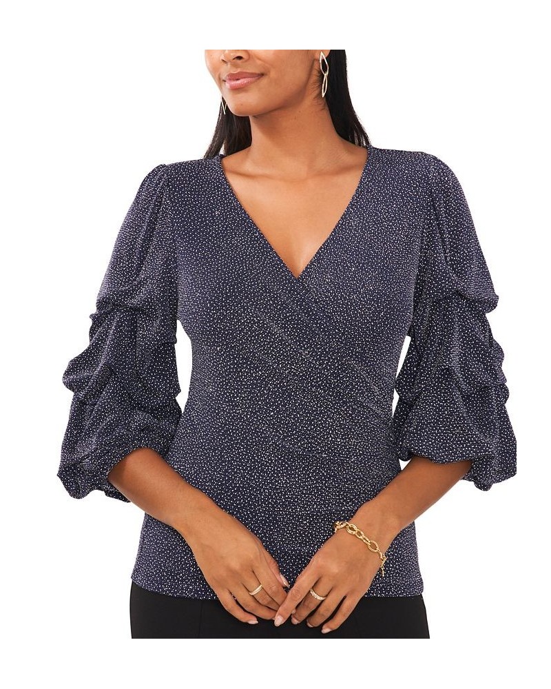 Petite Glitter-Knit Tiered-Sleeve Surplice Top Navy Silver $21.12 Tops