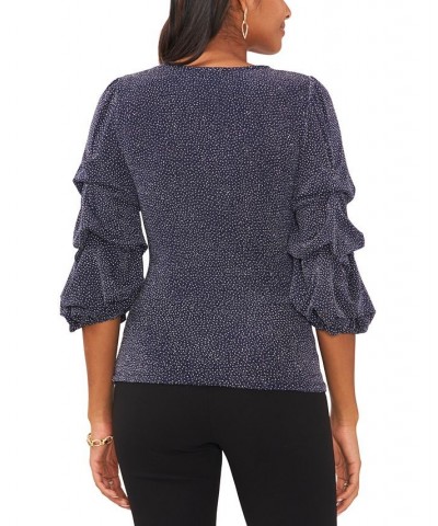 Petite Glitter-Knit Tiered-Sleeve Surplice Top Navy Silver $21.12 Tops