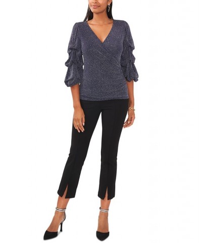 Petite Glitter-Knit Tiered-Sleeve Surplice Top Navy Silver $21.12 Tops