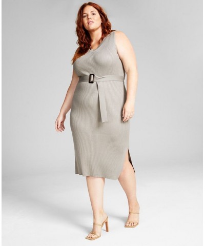 Plus Size Belted Sweater Dress Gray $16.56 Dresses