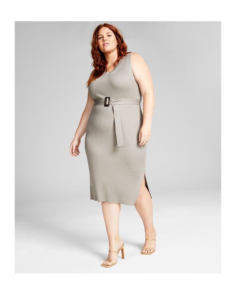 Plus Size Belted Sweater Dress Gray $16.56 Dresses