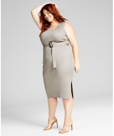 Plus Size Belted Sweater Dress Gray $16.56 Dresses