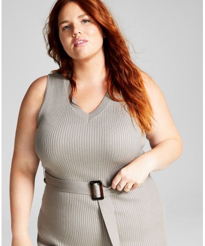 Plus Size Belted Sweater Dress Gray $16.56 Dresses