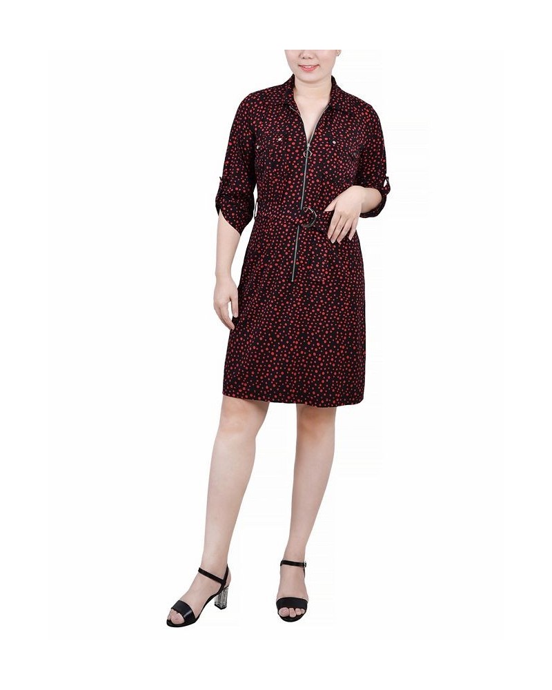 Petite Belted Roll Tab Zip Front Shirtdress Black Red Icemoon $15.54 Dresses