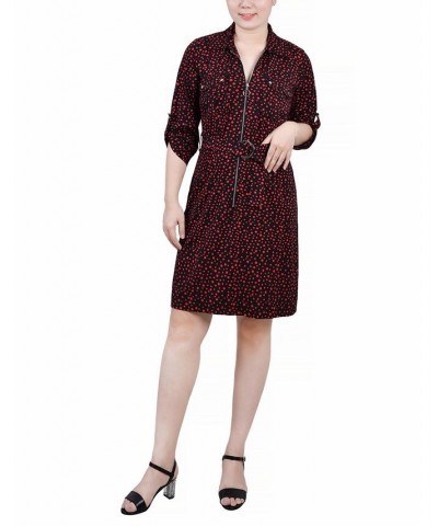 Petite Belted Roll Tab Zip Front Shirtdress Black Red Icemoon $15.54 Dresses