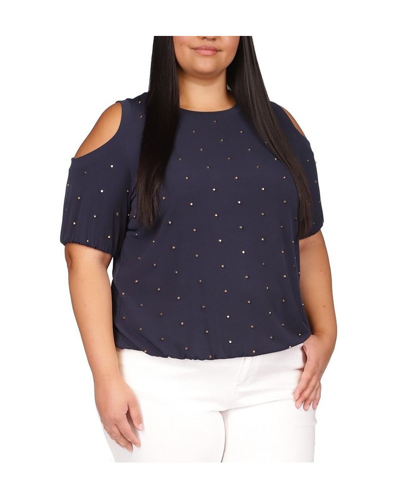 Plus Size Cold-Shoulder Dot-Embellished Top Midnight Blue $50.40 Tops