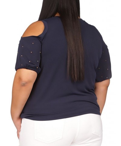 Plus Size Cold-Shoulder Dot-Embellished Top Midnight Blue $50.40 Tops