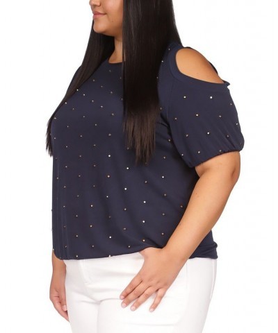 Plus Size Cold-Shoulder Dot-Embellished Top Midnight Blue $50.40 Tops