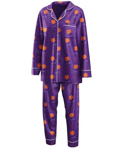 Women's Purple Clemson Tigers Long Sleeve Button-Up Shirt and Pants Sleep Set Purple $40.00 Pajama