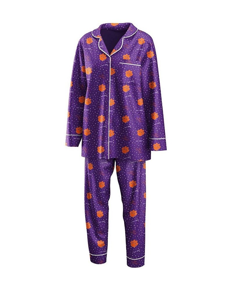 Women's Purple Clemson Tigers Long Sleeve Button-Up Shirt and Pants Sleep Set Purple $40.00 Pajama