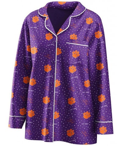 Women's Purple Clemson Tigers Long Sleeve Button-Up Shirt and Pants Sleep Set Purple $40.00 Pajama