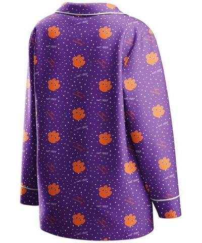 Women's Purple Clemson Tigers Long Sleeve Button-Up Shirt and Pants Sleep Set Purple $40.00 Pajama