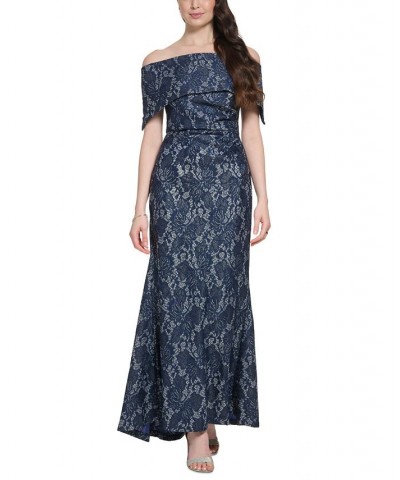 Women's Off-The-Shoulder Sequin Lace Column Gown Navy $85.68 Dresses