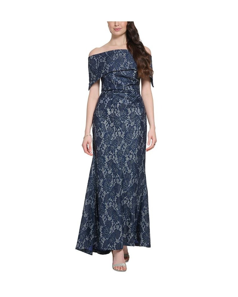 Women's Off-The-Shoulder Sequin Lace Column Gown Navy $85.68 Dresses