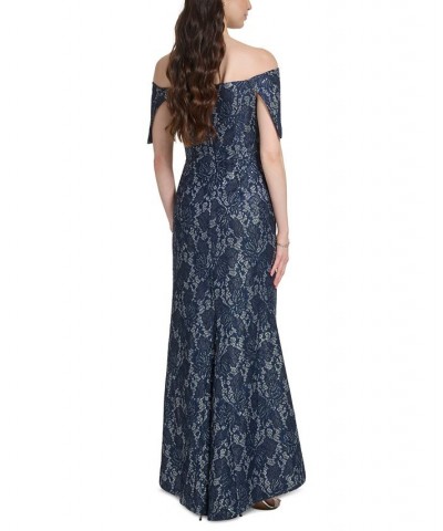 Women's Off-The-Shoulder Sequin Lace Column Gown Navy $85.68 Dresses